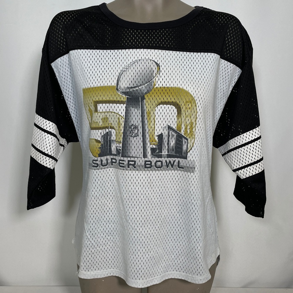 Super Bowl #50 NFL Black White Gold Mesh Jersey Top Women's MEDIUM